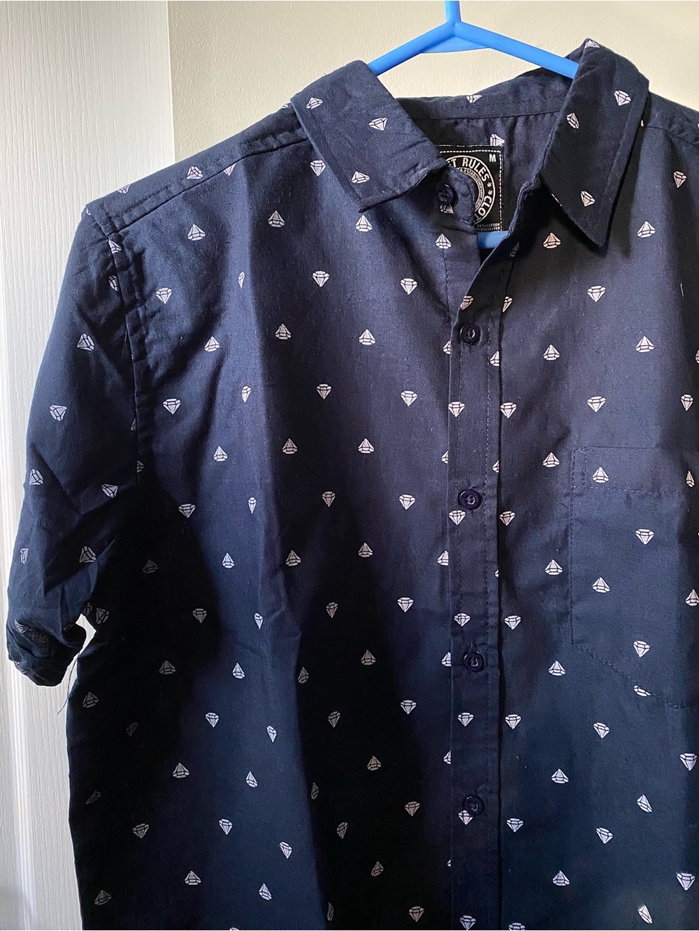 Men's Navy Short-Sleeve Button-Up Shirt with Micro Print